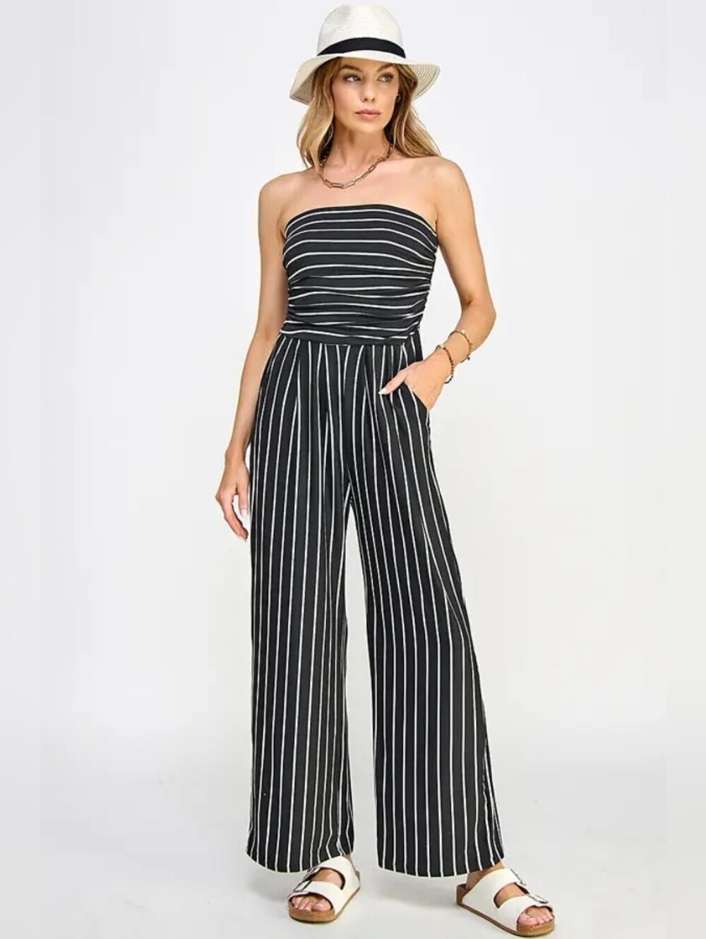 Heart & Hips Black and White Strapless Wide-Leg Jumpsuit